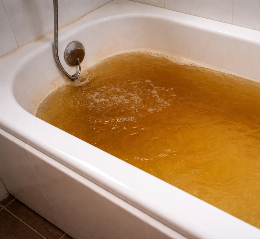 Ett badkar fyllt med vatten som innehåller väldigt höga halter av humusämnen