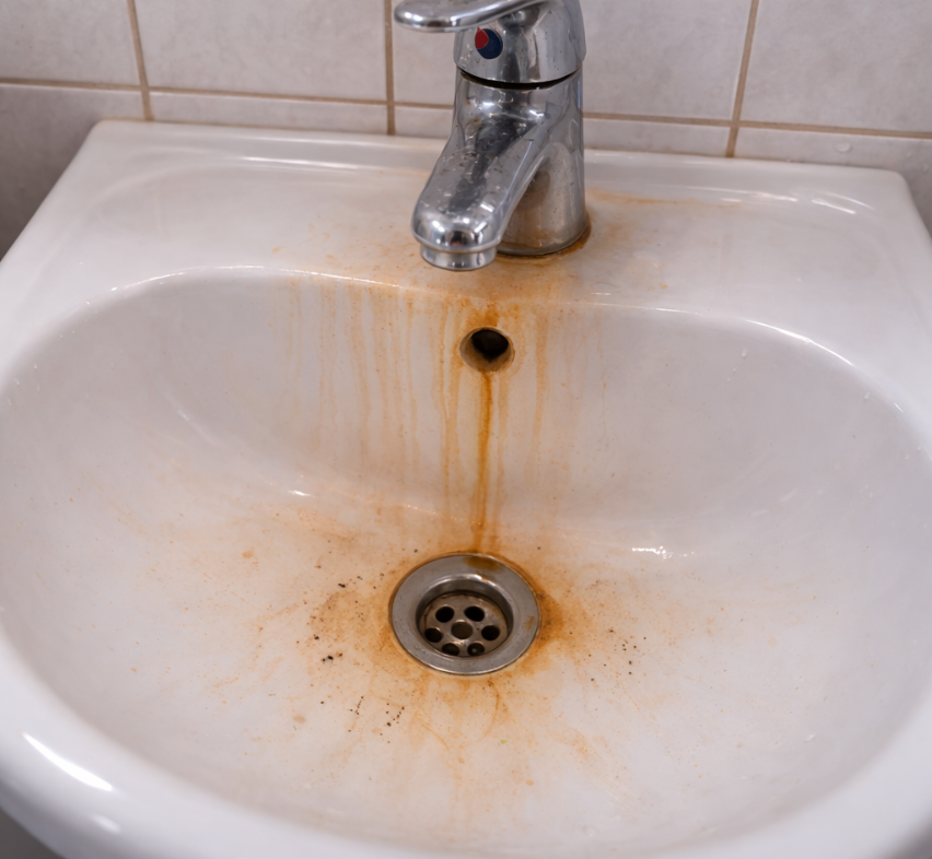 Järn och mangan i vattnet orsakar problem med missfärgarningar av bland annat handfat, badkar och duschutrymmen